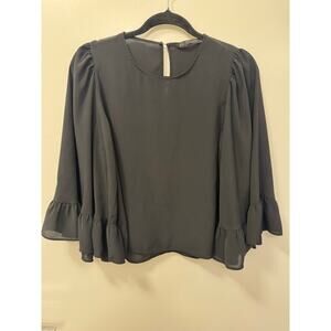 Zara Blouse Top Women's M Black Tunic Boxy 3/4 Bell Sleeve Ruffled Minimalist